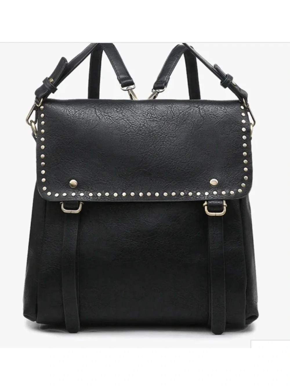 Jen & Co Indigo Convertible Backpack Purse Flap Over Front Metal Studs Black 12”